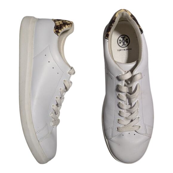 Tory Burch Howell White Leather Snakeskin Trim Low Top Lace Up Court Sneakers 10 - Picture 1 of 7